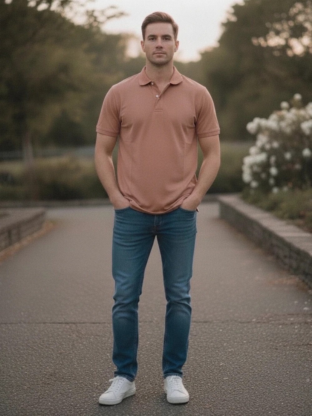 BYLT Basics Men’s Drop Cut Lux Polo in Clay. Size Medium, NWT